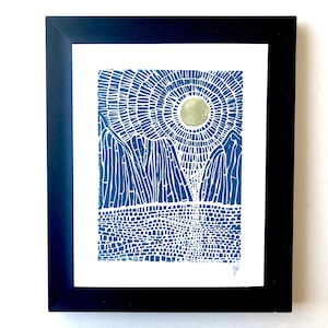 Moonrise on the ocean and mountains - Blue linocut print - Gold sun, gold moon - Hand pulled relief linocut print - National park poster