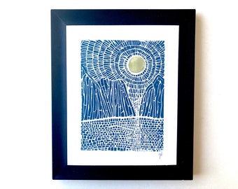 Moonrise on the ocean and mountains - Blue linocut print - Gold sun, gold moon - Hand pulled relief linocut print - National park poster