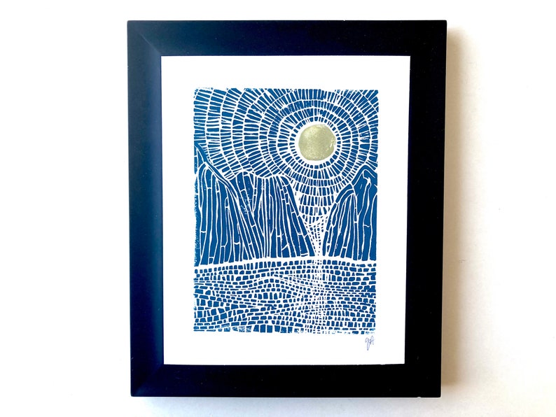 Moonrise on the ocean and mountains Blue linocut print Gold sun, gold moon Hand pulled relief linocut print National park poster image 1