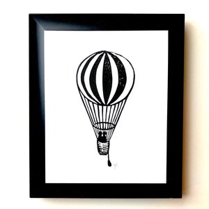Hot air balloon linocut print - Black 8x10 linoleum print on cotton paper - Minimal hand pulled relief print - Anniversary linoprint art