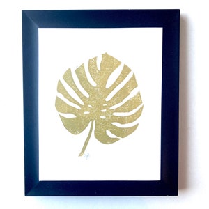 Tropical Monstera Leaf print in gold - Hand-printed linoleum block poster - Wood block linocut 8x10 in gold - Split leaf philodendron