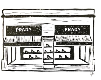 Prada Marfa linocut relief print in black - Block print wall art - Art installation poster - Shoe store - Hand pulled linoprint relief print