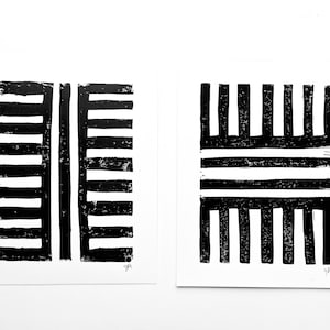 Deux estampes - Impression géométrique à main de bloc de linoléum abstrait - Bloc de bois linocut 8x10 en noir - Mur minimal de galerie