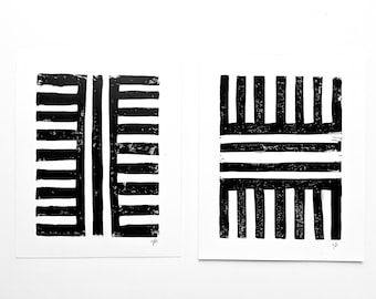 Two prints - Hand-pressed geometric abstract linoleum block print - Wood block linocut 8x10 in black - Minimal gallery wall