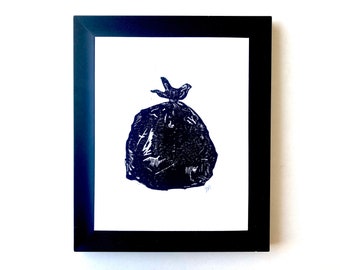 Take out the trash - Hand-pressed linoleum block print - Wood block linocut relief print 8x10 in black - Trash bag poster - Funny wall art