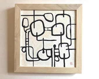 Minimalistisk stillebenmålning i akryl - Specialinramad och redo att hängas - Minimalistisk abstrakt svartvit kvadratisk väggkonst - ca 12x12