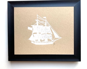 Pirate ship linocut print - White linoleum block print on kraft paper - Hand pulled relief print - Sailboat wall art - Boat poster