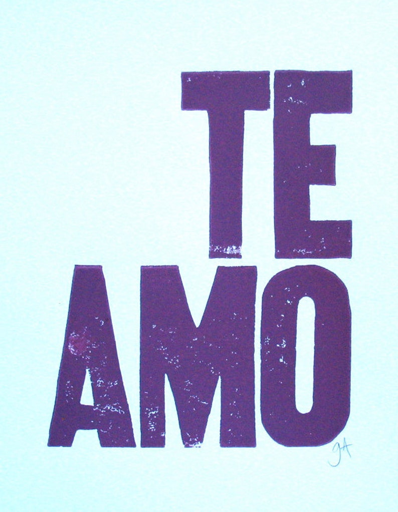 I love you Te amo LINOCUT purple 8x10 typography valentine poster print Valentines Day art Purple relief print Anniversary art image 3