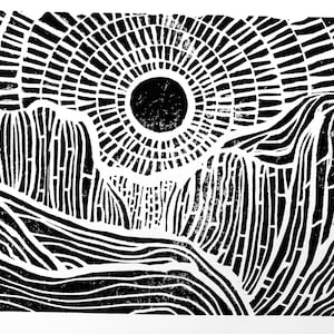 Sunset on the mountains and sea - Hand-pressed linocut print - 8x10 travel poster - National park landscape - Original relief print