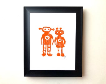 Robots in love - Orange hand-pulled linocut block print - Valentine linoleum block relief print - Hand pulled linoprint - Orange wall art