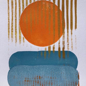 Abstract landscape monoprint of the sun and ocean in orange and blue Hand pulled relief sunset linoprint 8x10 with metallic gold turquoise image 10