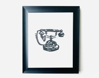 Black antique rotary telephone print - 8x10 phone wall art - Linocut poster- Linoleum block print - Vintage rotary phone relief print