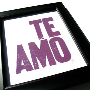 I love you Te amo LINOCUT purple 8x10 typography valentine poster print Valentines Day art Purple relief print Anniversary art image 2