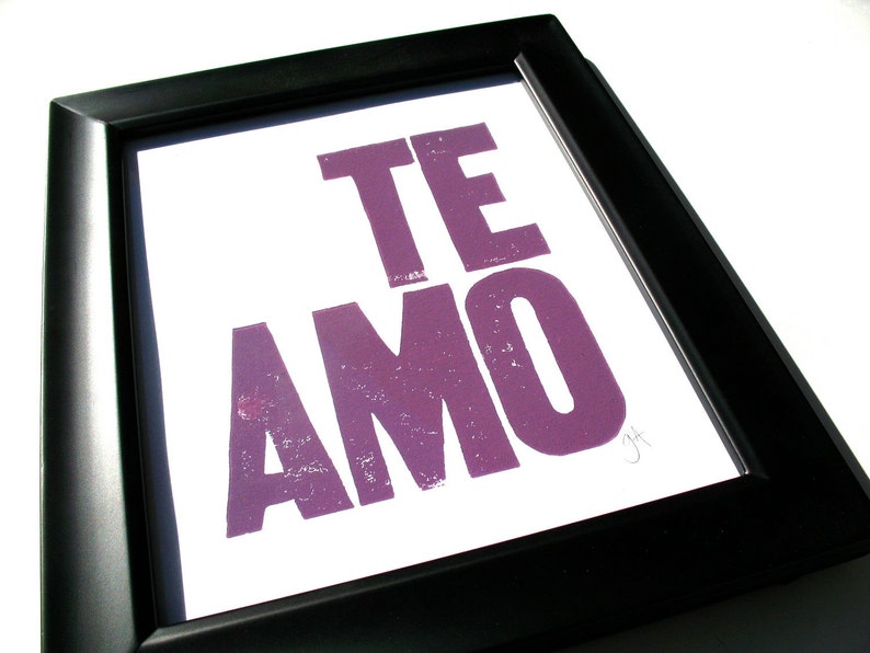 I love you Te amo LINOCUT purple 8x10 typography valentine poster print Valentines Day art Purple relief print Anniversary art image 2