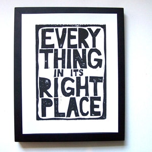 Everything in its right place Black Radiohead linocut relief print 8x10 Linoleum block poster Hand pulled wall art Music studio print image 1