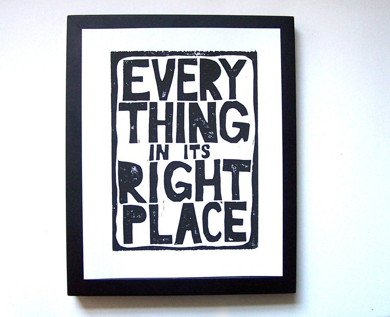 Everything in its right place Black Radiohead linocut relief print 8x10 Linoleum block poster Hand pulled wall art Music studio print image 1