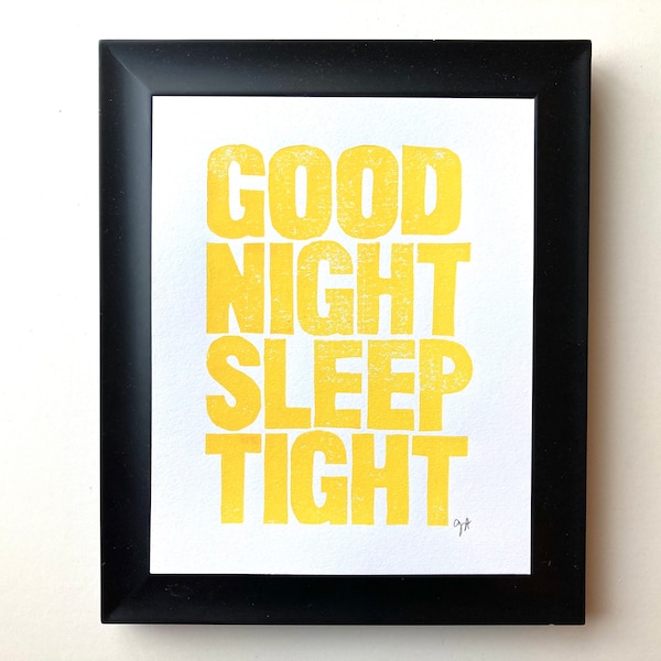 Good Night Sleep Tight - Sweet yellow hand-pressed letterpress typography art 8x10 - Minimal bedroom wall art - Linocut linoleum block print
