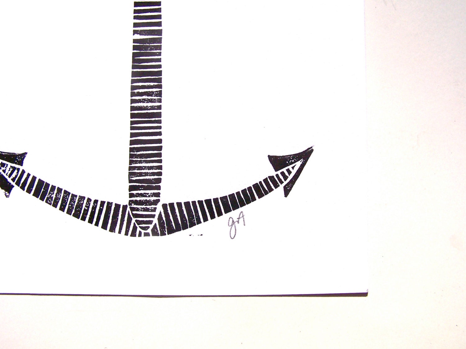Linocut Hand Pressed Print Minimal Black Nautical Anchor Etsy