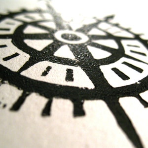 Compass linocut print nautical 8x10 letterpress wall art in black Linoleum block print Hand pulled relief linoprint Pirate wall art image 4