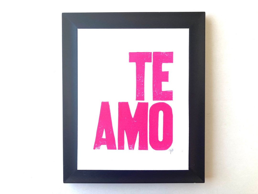 Te Amo I Love You in Hot Pink Minimal Linocut Typography Poster 8x10 Letterpress Wall Art ...
