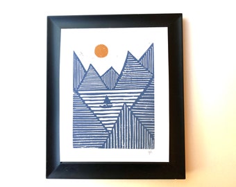 Sunset in the fjords - Purple mountain landscape print - Linocut block print - Norway ocean poster - Sailboat on the water
