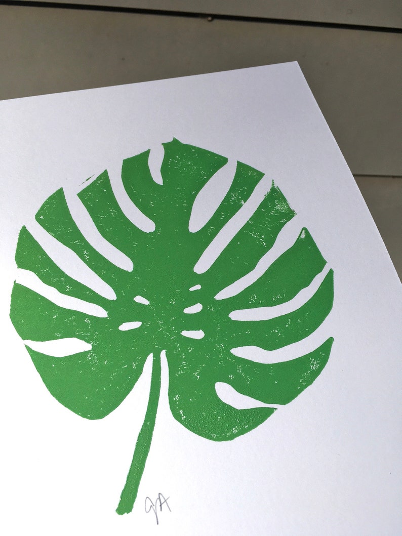 Leaf Pattern Linoleum Green Monstera Leaf - Hand-pressed Tropical Linoleum Block Print - Wood ...