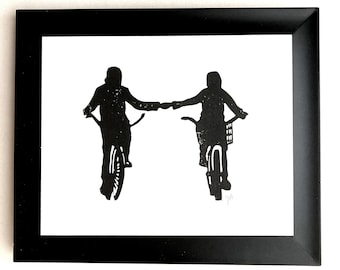 Holding hands - Black bicycle linoleum block print 8x10 valentines day - Couple on a bicycle wall art - linocut relief print - Love wall art