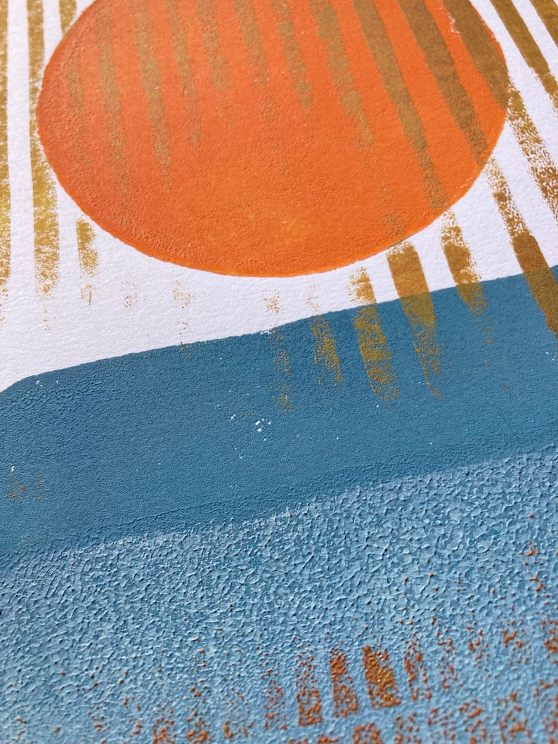 Abstract landscape monoprint of the sun and ocean in orange and blue Hand pulled relief sunset linoprint 8x10 with metallic gold turquoise image 3