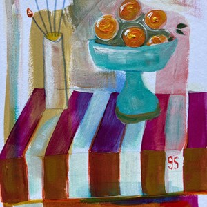 Naturaleza muerta - Cuenco de naranjas y flores sobre un mantel brillante - Pintura acrílica original sobre papel de algodón - Rosa, naranja y rojo 8x10