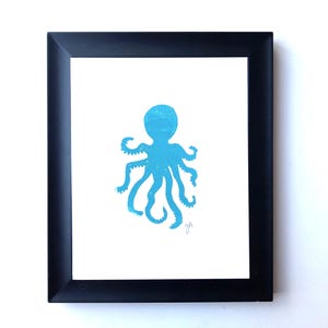 Minimal turquoise octopus - hand pressed linocut poster 8x10 nautical marine animal - Blue linoleum block print - Sea animal wall art