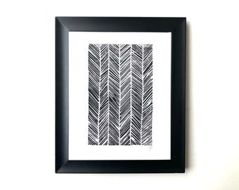 Herringbone linoleum block print - Minimal black 8x10 abstract minimalistic Scandinavian linocut print - Geometric black linoprint wall art