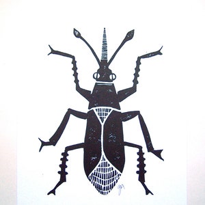 Insect linoleum block print - Flower bug BLACK 8x10 poster on cotton letterpress paper - Beetle linocut relief print - Linoprint wall art