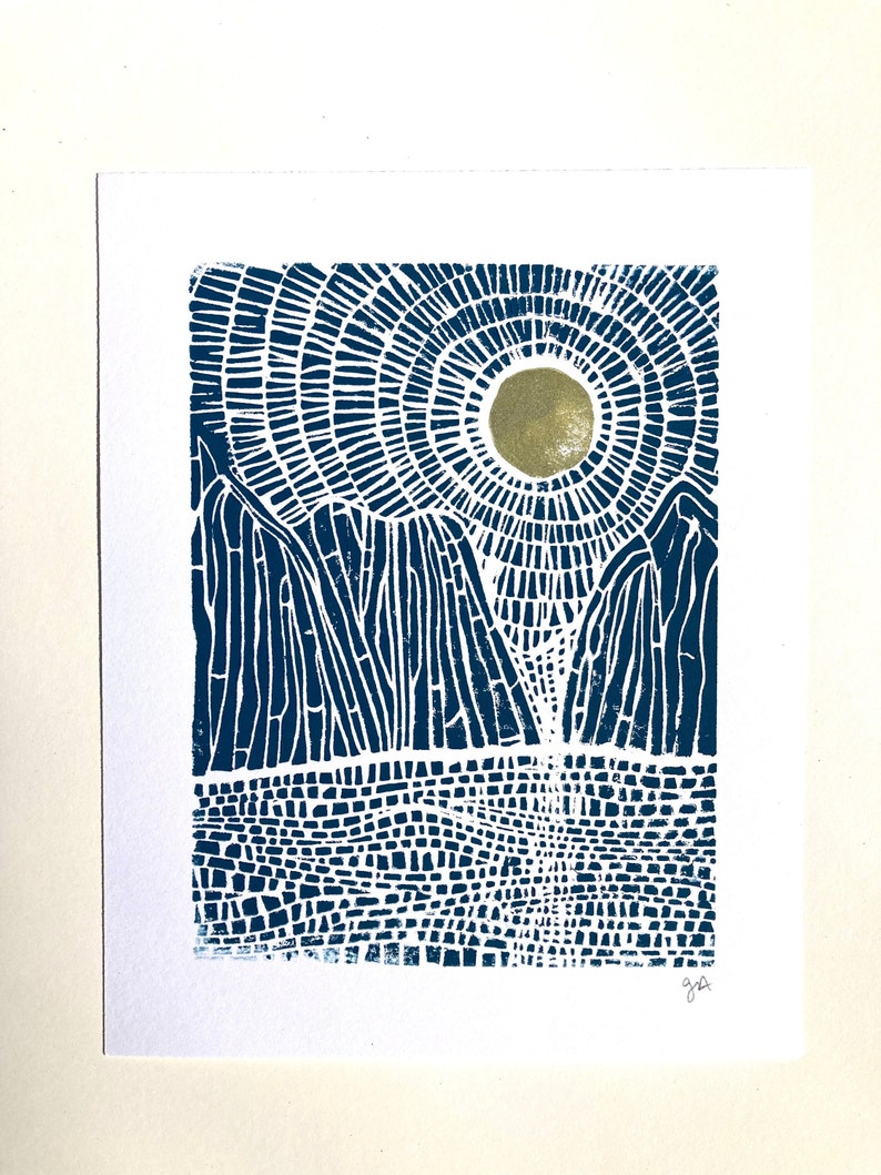 Moonrise on the ocean and mountains Blue linocut print Gold sun, gold moon Hand pulled relief linocut print National park poster image 2