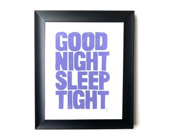 Good night Sleep tight - Purple hand pressed linoleum block print - Purple linocut poster - Bedroom wall art - Indigo letterpress poster