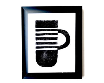 Coffee Mug linocut print - 8x10 minimal hand pulled block print - Tea linoleum block print - Coffee wall art - Linoprint Coffee cup poster