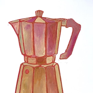 May include: Watercolor painting of a coffee maker in shades of pink, brown, and red. The coffee maker has a handle and a lid. The style is reminiscent of a vintage illustration, perfect for kitchen decor.