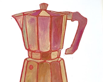Original acrylic painting on thick cotton paper - Italian coffee Moka pot for stovetop espresso - Muted pink Bialetti linocut mixed media