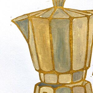Original acrylic painting - Italian coffee Moka pot for stovetop espresso - Gold Bialetti linocut mixed media - Kitchen wall art 8x10