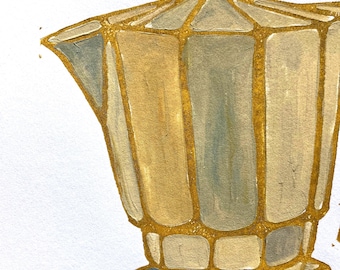 Original acrylic painting - Italian coffee Moka pot for stovetop espresso - Gold Bialetti linocut mixed media - Kitchen wall art 8x10