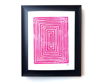 Hot pink wall art - Rectangles - Minimal 8x10 geometric Scandinavian linocut print - Pink linocut linoleum block relief print - Modern art
