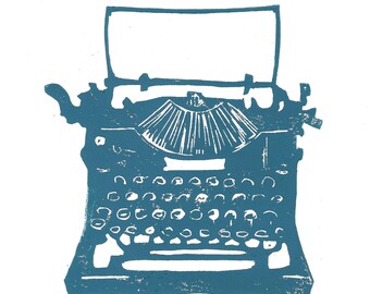 Antique typewriter linocut print in blue - hand-pulled linoprint poster - linoleum block print - Cornflower blue wall art - gift for writers