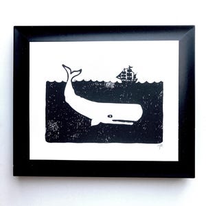 Moby Dick print - The elusive white whale - Black block print linocut poster 8x10 - Hand pulled relief print in black - Whale wall art