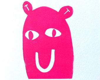 Sizzling hot pink happy little monster linocut print - 8x10 linoleum block print - pink wall art - Happiness and mindfulnes on your wall