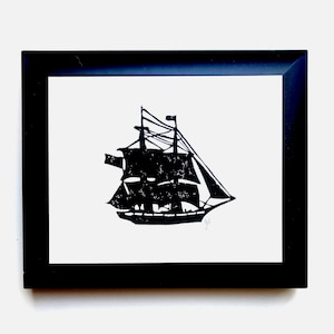 Minimal sailboat linocut relief print - 8x10 wall art - Linocut maritime ship print in black - Pirate ship on the ocean linoleum block print