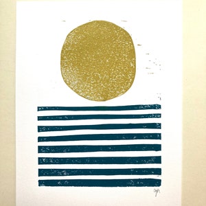 Sunrise / Sunset on the ocean - Minimal gold and navy blue 8x10 geometric linocut landscape print - Linoleum block relief print wall art image 2