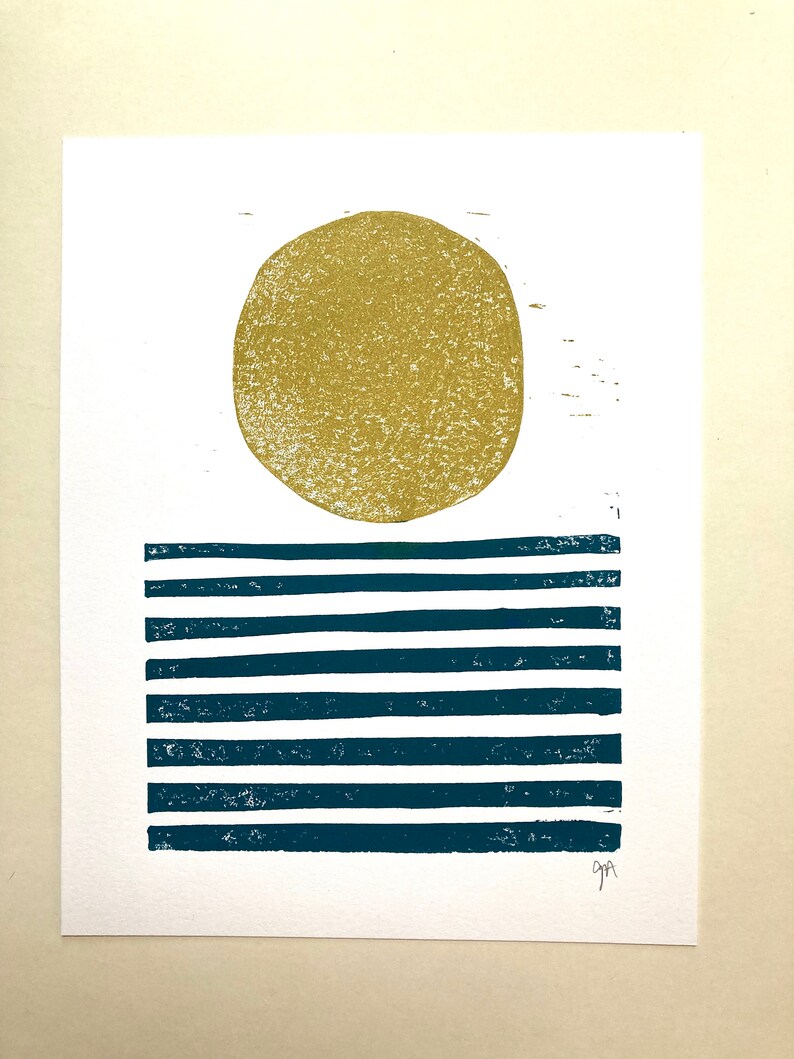 Sunrise / Sunset on the ocean - Minimal gold and navy blue 8x10 geometric linocut landscape print - Linoleum block relief print wall art image 2