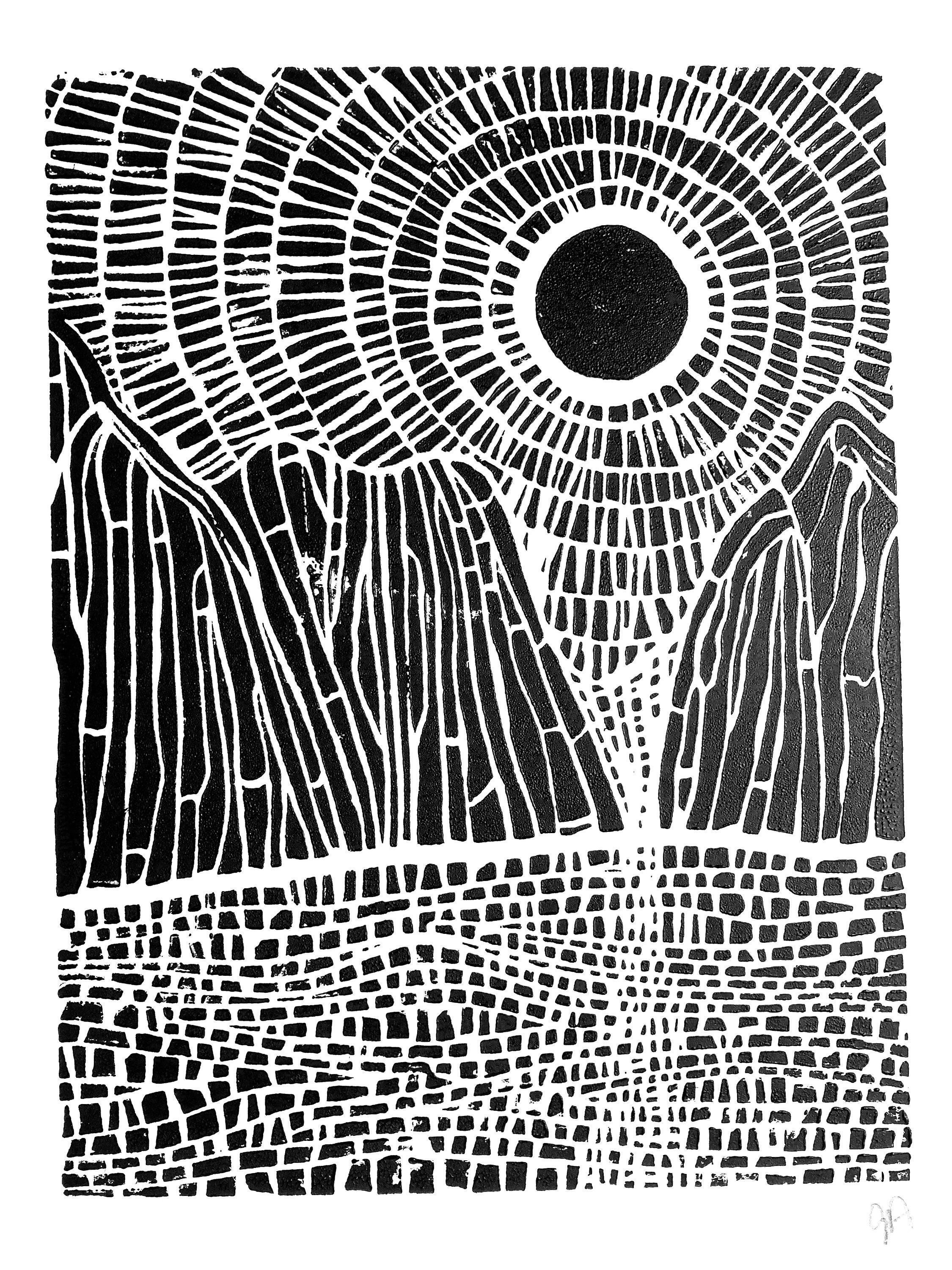 Linoleum Block Print Sunrise on the Mountains Minimal Black 8x10 Geometric  Scandinavian Linocut Print Sunset on the Mountains and Sea -  Israel