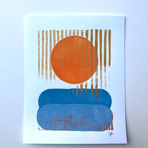 Abstract landscape monoprint of the sun and ocean in orange and blue Hand pulled relief sunset linoprint 8x10 with metallic gold turquoise image 7