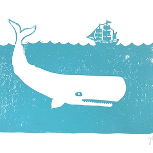 The elusive white whale - Moby Dick linocut relief print - Light Blue block print poster 8x10 - Turquoise linoprint - Sky blue wall art