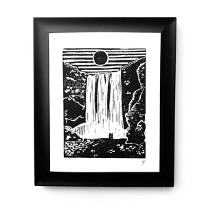 Iceland Waterfall - Linocut print - Travel art relief print - Skógafoss waterfall just outside of Reykjavik - Hand pulled relief print 8x10